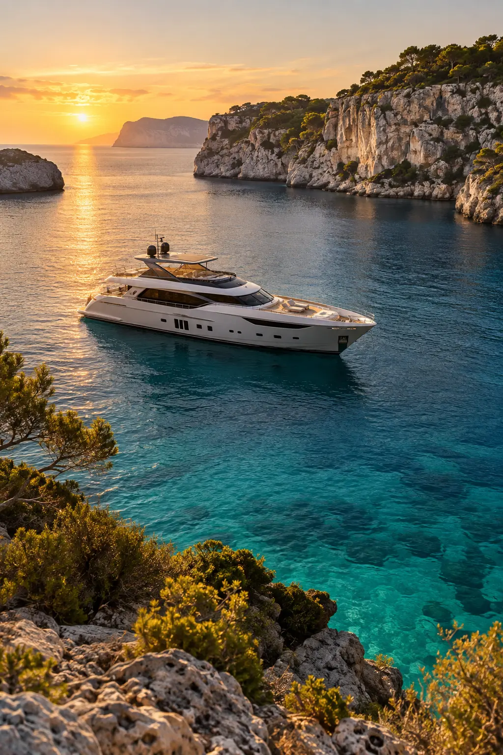 A private yacht resting in a quiet coastal bay